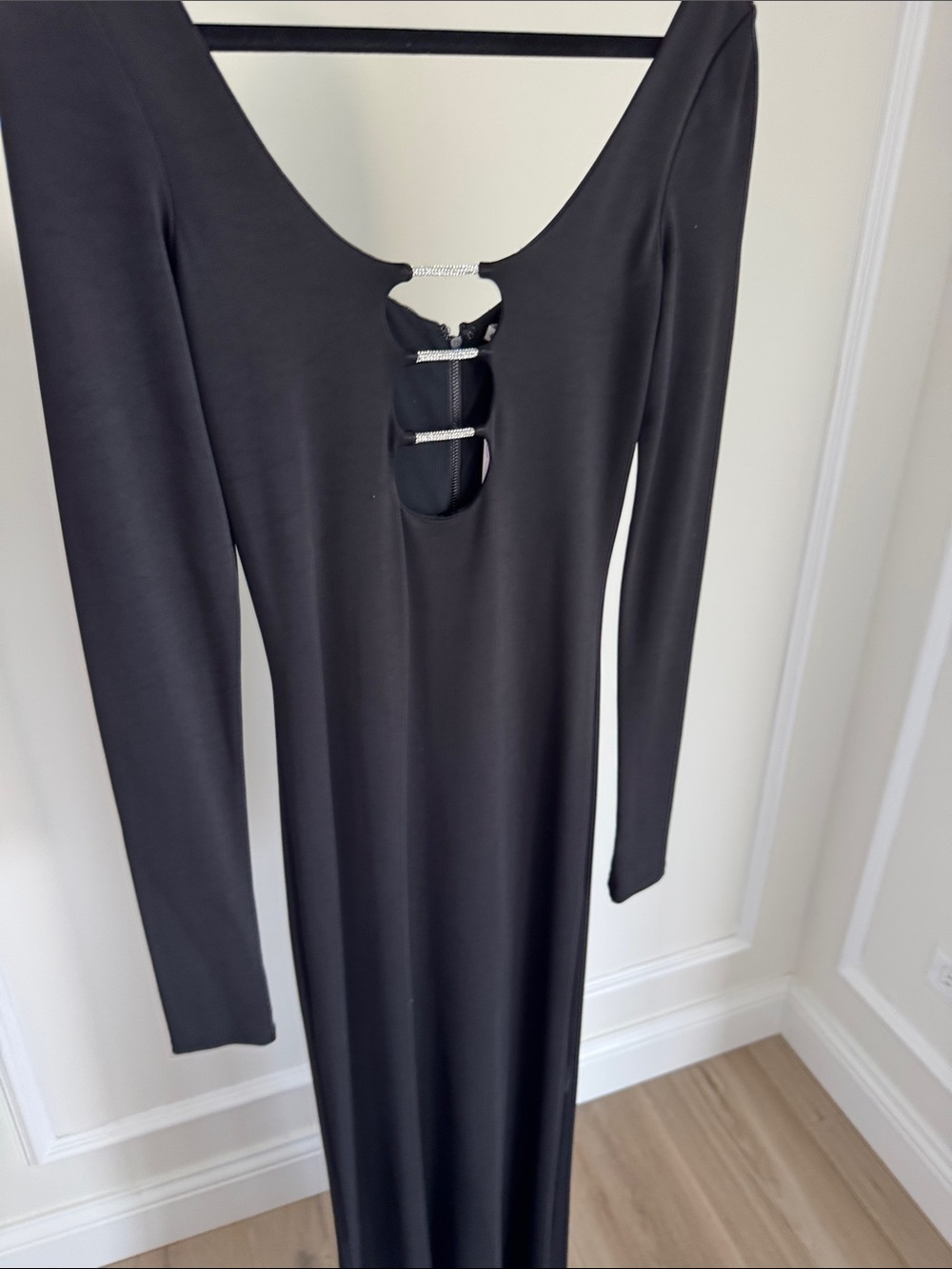 Alice + Olivia NWT Black Long-Sleeve Maxi Dress with Rhinestone front Bars
